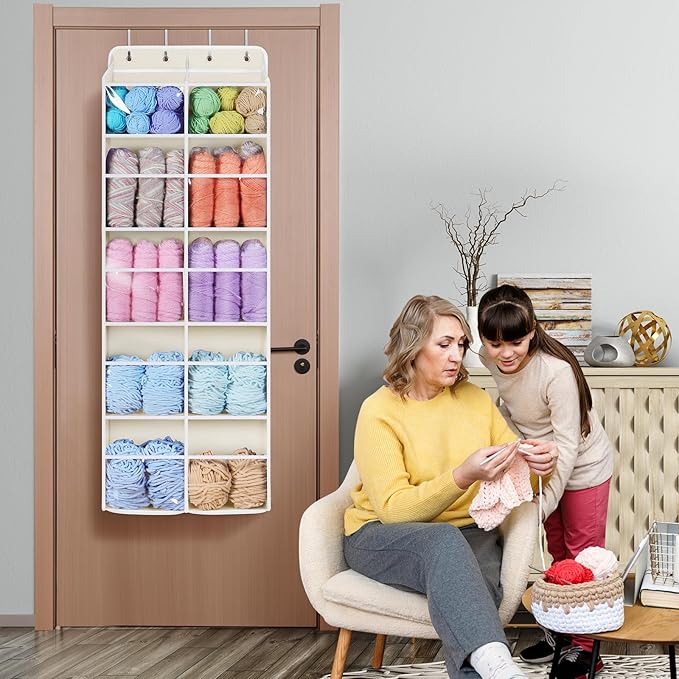 Univivi Over Door Hanging Yarn Storage Organizer, 5 Tiers Hanging Yarn Crochet Organizer with 10 Mesh Side Pockets for Crochet Accessories, Knitting Needles and Yarn Balls, Beige