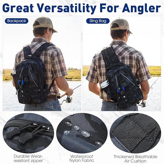 RoundFunny 256 Pcs Fishing Backpack with Tackle Box Gears, Tackle Sling Bag Backpack, Fishing Hook, Lures, Retractable Landing Net, Plier, Lip Gripper, Hook Remover, Fish Gift Men