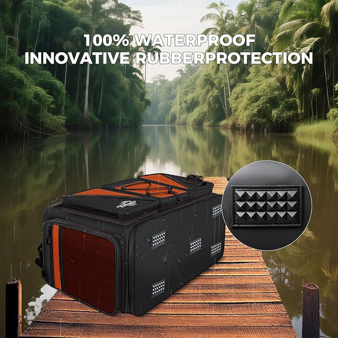 Handor Waterproof Fishing Tackle Bag, Large Saltwater Resistant Storage, 1000D PVC Material, Holds 3600 3700 Trays (Black and Orange, Large Bag)