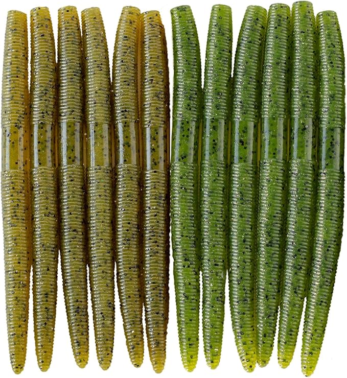 Senko Bait Soft Plastic Lures 5" Senkos 24 Pcs/100pcs for Wacky Rig Freshwater Fishing Green Pumpkin senko with Black Flake Pink Watermelon Double Color