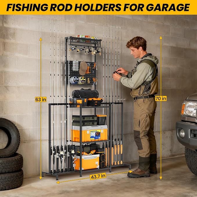 YQSLYSF Fishing Rod Holders for Garage with Pegboard & Metal Mesh Basket, Fishing Rod Storage Rack, Vertical Fishing Pole Holder for Up to 12 -24 Poles, Tackle Gear Organizer