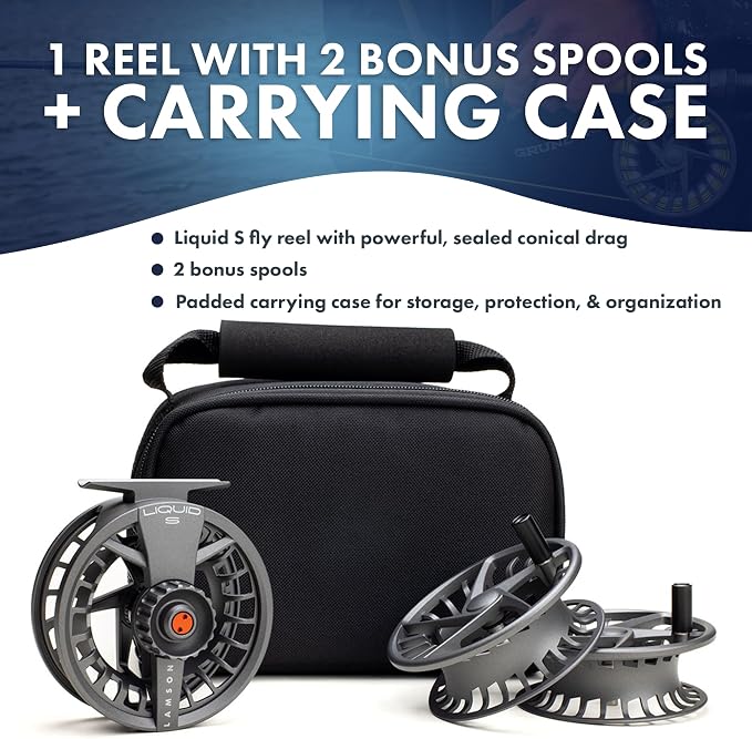 LAMSON | Liquid S-Series Fly Fishing Reel 3 Pack | All-Water | 1 Reel & 2 Bonus Spools + Carrying Case | Large Arbor, Powerful Sealed Drag, Pressure Cast Aluminum
