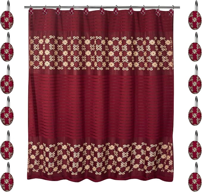 Zahari Home Elegant Rose Bathroom Shower Curtain Set - 13pc Set Including 12 Rings - Contemporary Decor - Burgundy Shower Curtain - Unique Design - Stylish Accessories
