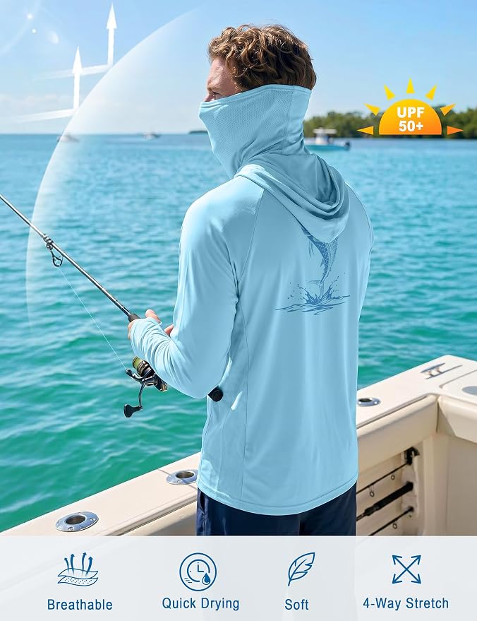 Men's UPF 50+ Long Sleeve Fishing Hoodie, UV Protection Sun Shirt with Hood Mask, Hooded Graphic Shirts for Outdoor
