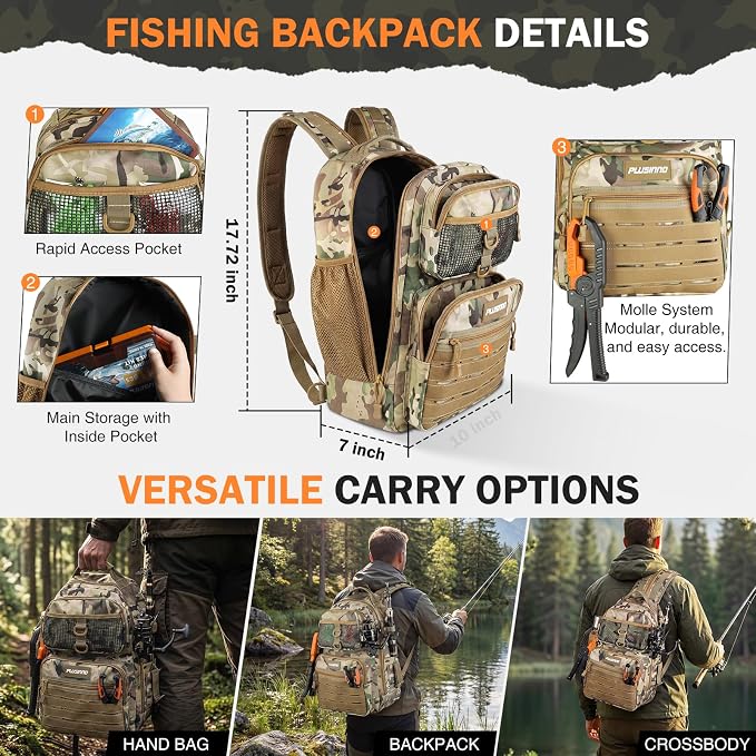PLUSINNO Fishing Gear, Fishing Backpack with Fishing Rod, Tackle Box, Waterproof Tackle Backpack with Rod Holders,Lures, Tools, Pliers & Accessories, Fish Gifts for Men