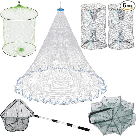 6 Pcs Fishing Net Trap Portable Folded, Crab Trap Minnow Trap, Fishing Landing Net with Telescoping Pole Handle, Casting Net Bait Trap with Heavy Duty Sinker and Storage Bucket