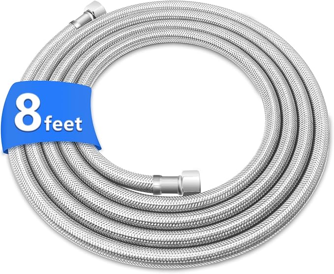 8FT Stainless Steel Braided Water Supply Line for Dishwasher, Brass 3/8 Inch Compression x 3/8 Inch Compression Connections, Food Grade PEX Inner Tube Water Hose