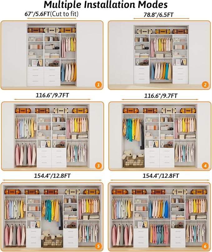 Closet System with 6 Wood Drawers, 5.8FT-8FT-13FT Closet Organizer System Storage Storage Adjustable with 6 Cuttable Shelves & 6 Expandable Hanging Rods, Walk in Closet, 2 Sets , White