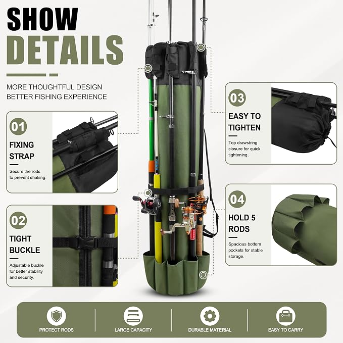 AGOOL Fishing Pole Bag with Rod Holder Fishing Rod Bag, 5 Rod & Reel Organizer Bag Waterproof Large Capacity Fishing Tackle Storage Bag Travel Carry Case Fishing Gifts for Men
