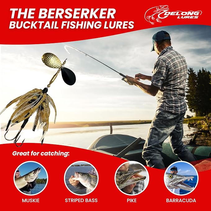 Delong Lures - The Berserker, Bucktail Fishing Lures - Bucktail Jig with Inline Spinner, Musky & Pike Baits Spinnerbaits, Tackle for Freshwater and Saltwater Fishing, Made in USA