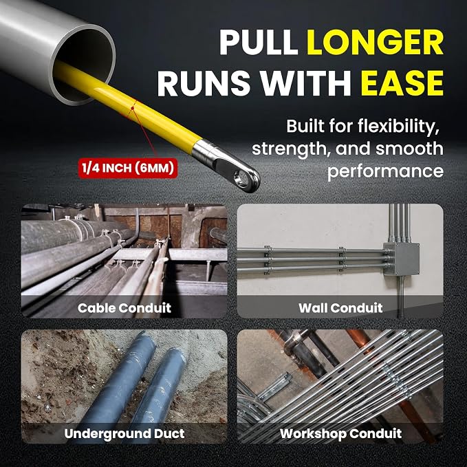 492FT 1/4 inch(6MM) Fish Tape Fiberglass with Meter Markings, Duct Rodder Cable Puller with Steel Reel Stand, Fishing Tools for Walls and Electrical Conduit, Non-Conductive