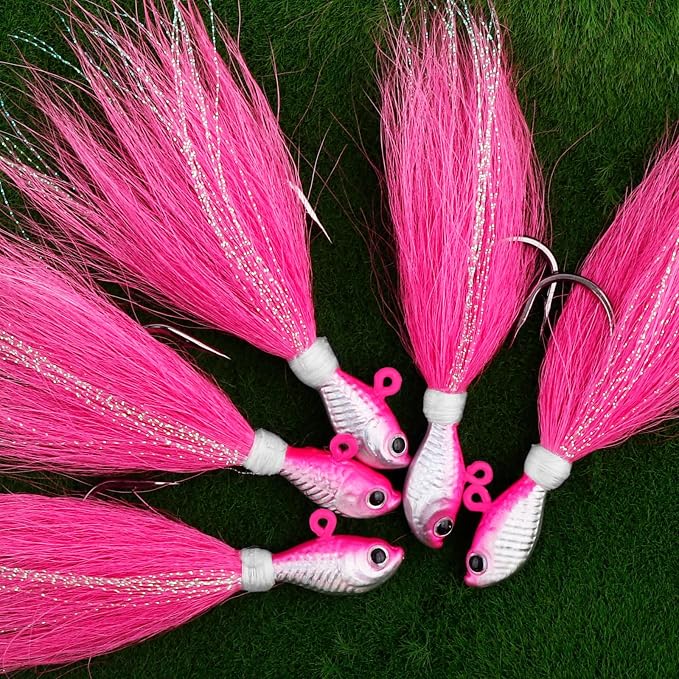 Alwonder 5-Pack Bucktail Jigs Hair Jigs Saltwater Freshwater Fishing Bucktail Lures Surf Fishing Jig Heads White Luminous Chartreuse Swimbait Jig for Bass Flounder Striper Bluefish Halibut Redfish