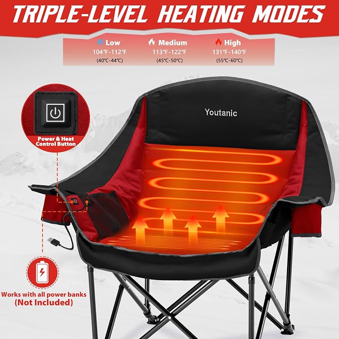 Youtanic Oversized Extra Large Heated Padded Camping Chair up to 500lbs, 3 Heat Levels Camp Chair with Carry Bag, Outdoor Heating Folding Chairs for Adults, Fishing, Sports, Picnic, Red-Black