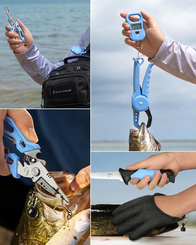 Calamus DriftWave Fishing Tool Kit – Corrosion Resistant Pliers, Lip Gripper with Soft Retractable Measuring Tape, Filet Knife, Pocket Knife，Fishing Scale, Retractor & Glove, Fishing Gifts for Men