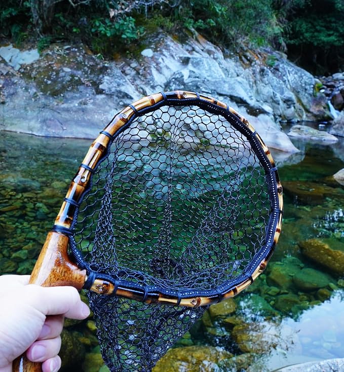 Fly Fishing Net with Release, Lightweight Trout Fishing Net with Wooden Handle Frame, Rubber-Coated Mesh Landing Nets for Minnow, Catch and Release