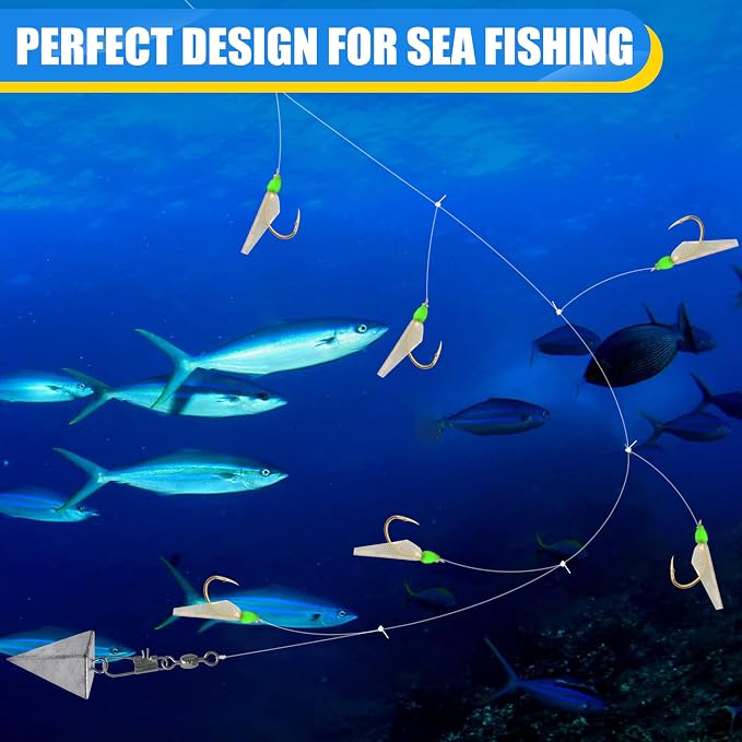 OROOTL Fishing Bait Rigs Saltwater, 6 Packs Surf Fishing Rigs with Sharp Hooks Fish Skin Feather Swivel Snap Glow Saltwater Lures Sea Bass Cod Herring Hook Rig Size 4 6 8