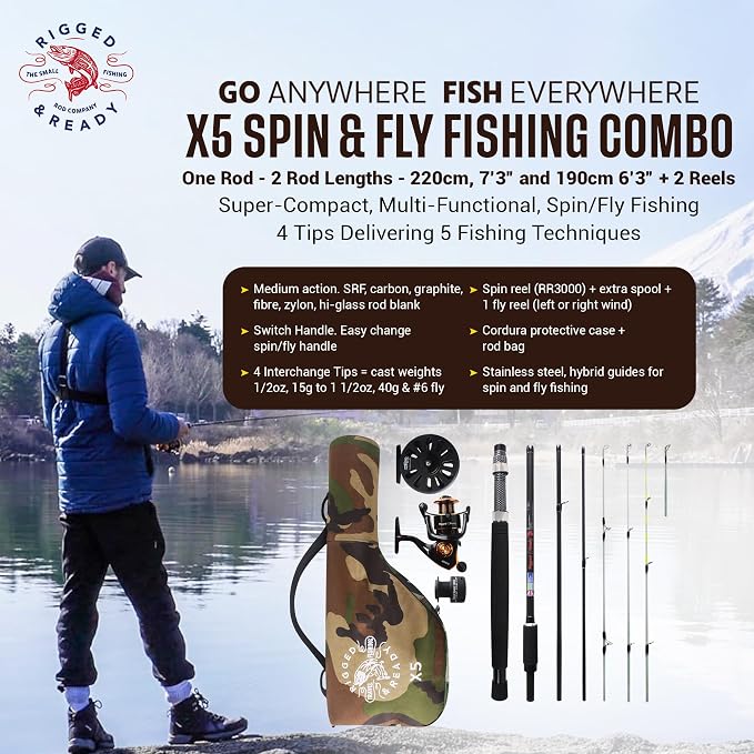 Rigged & Ready X Series™ Travel Fishing Rods. 6 Super Compact Combos and Rods, Multi-Functional, Spinning Poles. 5 to 25 Techniques from one Rod. Spin, Bass, Carp, Fly. Fresh & Saltwater Angling.