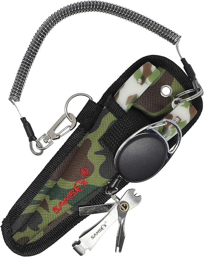 SAMSFX Locking Fishing Pliers Saltwater Resistant Teflon Coated Briad Line Cutters with Wire Coiled Lanyard, Sheath & Quick Knot Tool Combo