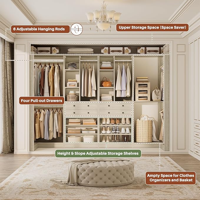 Closet System with 4 Drawers & Corner Tower, Closet Organizer System with 4 Hanging Robs, Reversible U Shaped Walk-in Closet System, Load 2600+LBS Capacity, Set of 4, Greige Oak