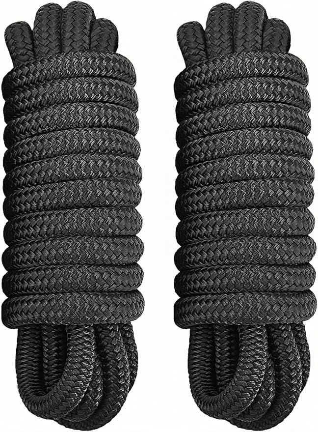 2 Pack 1/2" x 20' Dock Lines - Marine Grade Nylon Boat Rope with 12" Loop for Docking and Mooring - Double Braided Boat Lines, High Strength, Easy Handling, Fray Resistant - Black