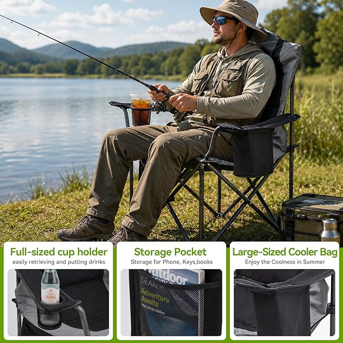 Aohanoi Camping Chairs for Heavy People,Folding Lawn Chairs for Outside Heavy Duty,Outdoor Oversized Chairs for Adult with Cup Holder and Large Cooler Bag,Beach Camp Chairs Supports up to 500lbs