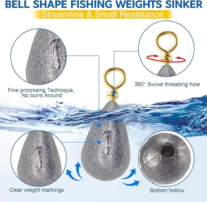 Bass Casting Swivel Bell Sinkers Fishing Weights Drop Shaped Fishing Sinkers Catfish Weights for Ocean Saltwater Surf Bass Casting Gear Tackle
