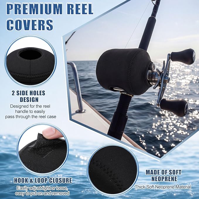 2 Pcs Black Round Baitcasting Reel Cover, 4mm Thick Neoprene Fishing Pouch for Conventional Gear, Shockproof Protective Case, Left Right Handed Storage Bag Size L 3.9"x3.3"