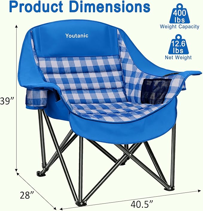 Youtanic Oversized Extra Large Padded Camping Chair, Heavy Duty 400 lbs Foldable Lawn Chair, Ergonomic Outdoor Seat with Plaid Design, Cup Holders & Storage Pockets for Fishing, Sports, Blue