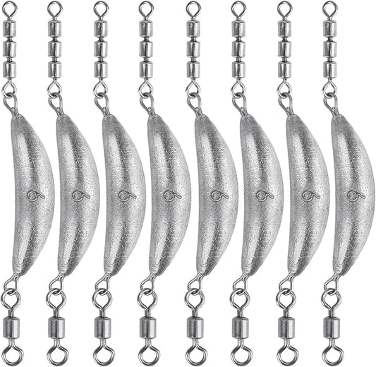 THKFISH Fishing Spin Sinker，Crescent Sinker with 3 Roller Swivels Fishing Sinker Drop Shot Weights Fishing Weights Kit Inline Trolling Sinkers,Torpedo Sinkers Saltwater Freshwater,1/2-6OZ, sliver