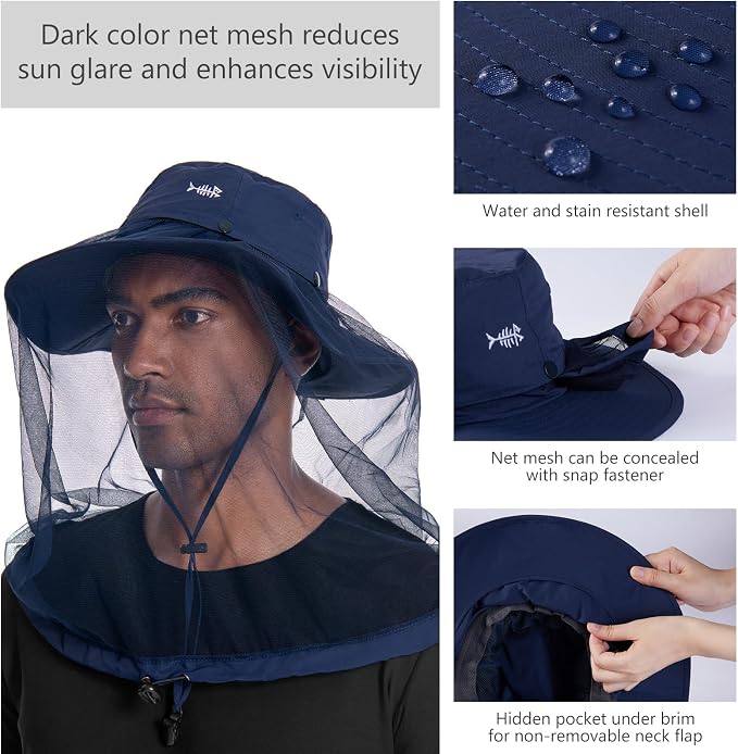 BASSDASH UPF 50+ Mosquito Sun Hat with Hidden Head Net and Neck Flap for Men Women Outdoor Fishing Hiking Camping