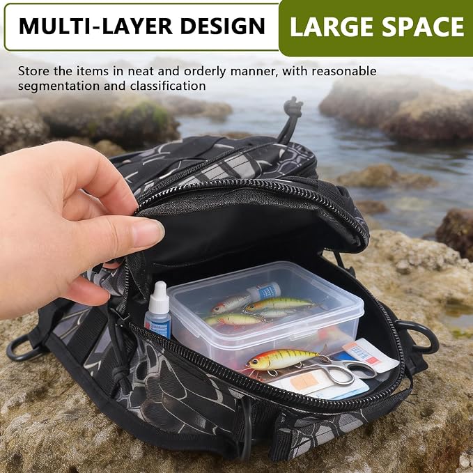 Fishing Backpack Small Fishing Tackle Storage Bag with 3 Methods of Carrying Large Capacity Sling Backpack for Outdoor Hiking Travel Hunting (Pythonskin Black)