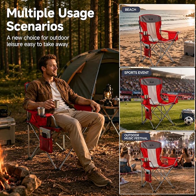 Byliable Oversized Camping Chairs Portable Outdoor 330LBS Capacity Folding Lawn Chairs for Adults with Cooler Bag,Cup Holder and Side Pocket for Beach, Sports, Tailgates, Fishing, Hiking, Red