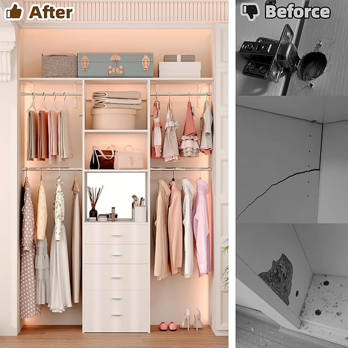 Closet System Set With Concealable Stool, Closet Organizer System With 4 Wood Drawers, Walk-In Closet Storage System, 5 Adjustable Cloth Garment Rack from 3 to 5FT, White