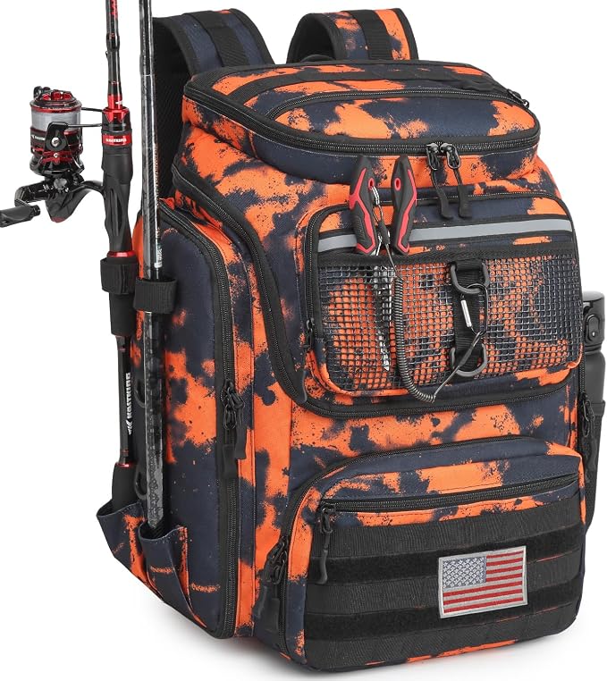 HAMBOLY Fishing Backpack 45L with Rod Holders, Water-Resistant Tackle Backpack for Fishermen, Large Capacity Fishing Gear Bag for Travel Hiking Camping