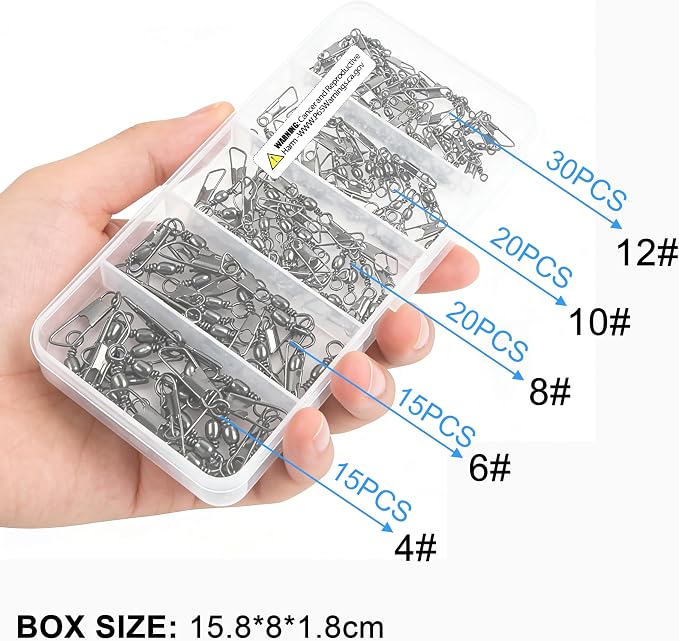 OROOTL Fishing Barrel Swivel Snap Kit, 100pcs Barrel Swivel with Safety Snaps Multiple Size Stainless Steel Copper Snap Swivels Quick Connect Fishing Tackle Accessories Box for Saltwater Freshwater