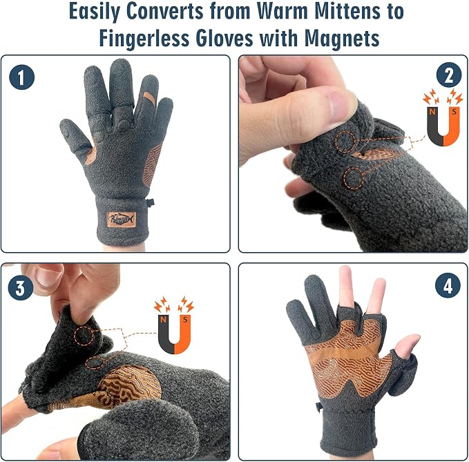 Palmyth Magnetic Fleece Fishing Gloves Convertible 3 Cut Fingers Ice Fishing Warm for Cold Weather Photography