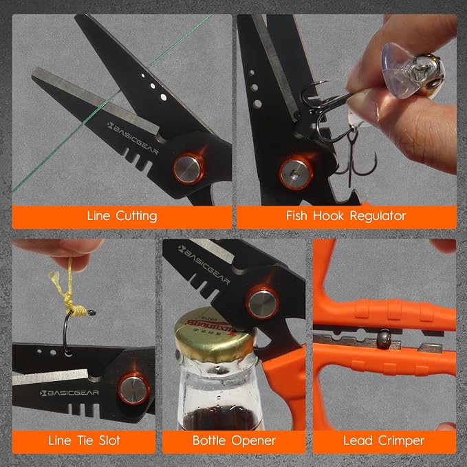 BasicGear Fishing Multi-Tool Scissors – Titanium-Coated, Stainless Steel, Multi-Tool Cutter with Hook Adjuster, Screwdriver, Bottle Opener, Sheath & Non-Slip Grip for Saltwater or Freshwater Use