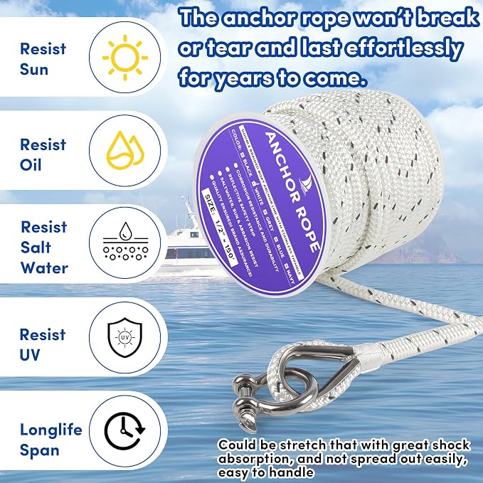 Anchor Rope 150 ft x 1/2 inch White, Double Braided Anchor Line with Stainless Steel Thimble & Shackle, Boat Rope with Reflective Strip Ideal for Towing,Mooring,Anchoring,for Boats Up to 35'