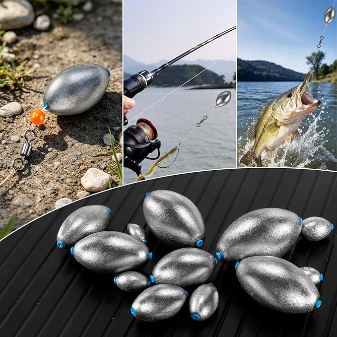 Alwonder Egg Sinkers Fishing Weights 3/16-10oz, Oval Lead Fishing Weights Sinkers Bass Fishing Casting Egg Sinker Saltwater Freshwater Tackle