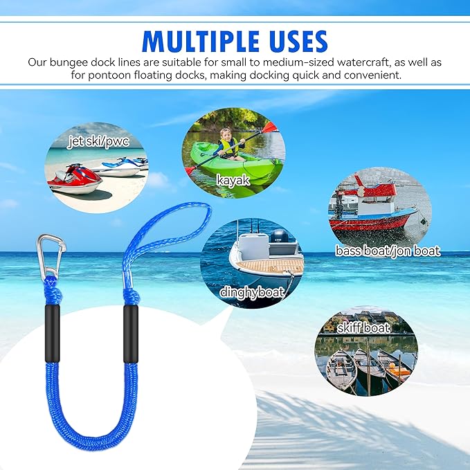 Boat Bungee Dock Lines – Adjustable Boat Tie Downs for Pontoon, Jet Ski, PWC, Kayak | Single Hook Small Cruiser Mooring Lines | (2, Blue, 3 Feet)