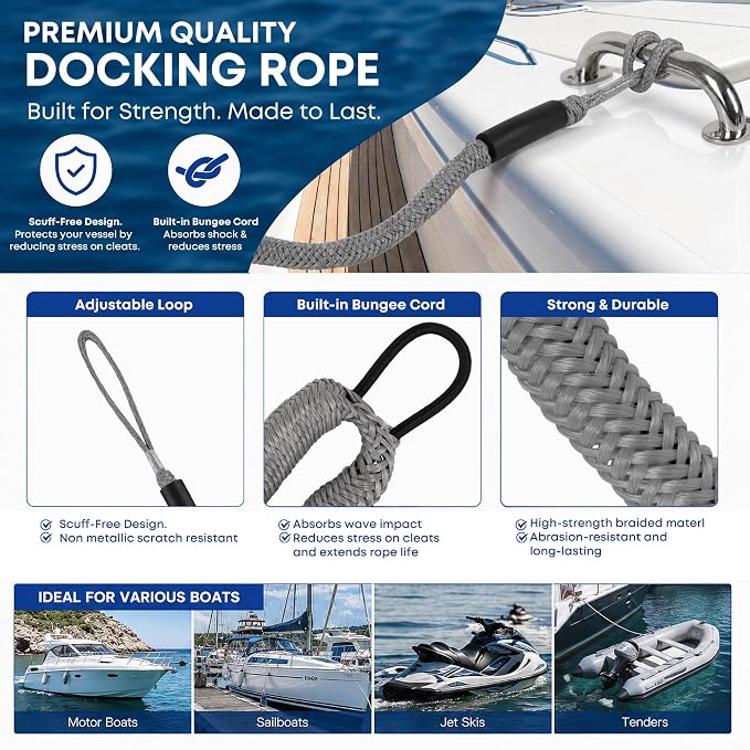 Boat Bungee Dock Lines, Scratch-Free Loop Ends Mooring Rope, Shock Absorbing Pontoon Tie Down Accessories Compatible with Models for Jet Ski（3ft-2 Pack-Gray）