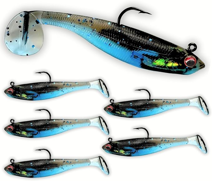 USA Bass Tackle Patriot Shad - Scent Infused Paddle Tail Swimbaits Pre Rigged Fishing Lures Premium Bait Strong Owner Hook, Fishing Gear for Bass Freshwater Predator Fish