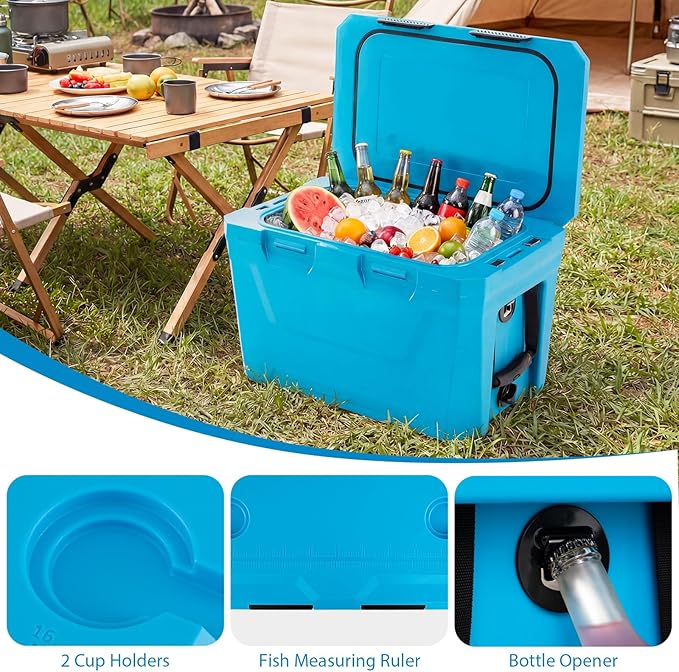 COSTWAY Insulated Portable Cooler, Hard Shell Ice Chest w/ 2 Cup Holders, Bottle Opener, Drain Plug, 3-Day Ice Retention, Outdoor Leak-Proof Dry Box for Beach, Camping, Fishing, Picnic