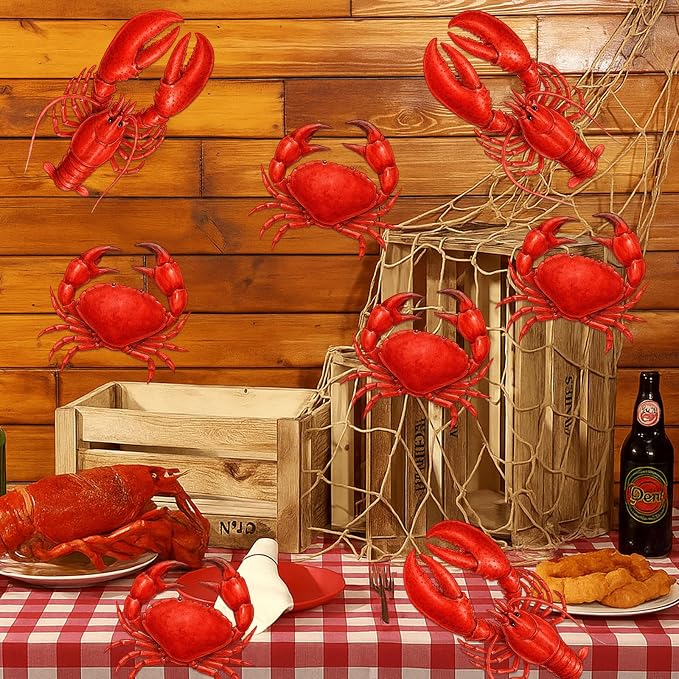 Silipull 11 Pcs Crawfish Crab Party Decorations Kit Fishing Net Cute Cardstock Photo Prop for Birthday Sea Animal Indoor Outdoor Dessert Table Party Supply