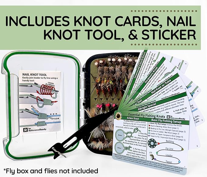 ReferenceReady Fishing Nail Knot Tying Tool Combo - Angler's Accessories Kit with Waterproof Knot Pocket Guide, Nail Knot Tying Tool with Hook Cleaner, and Fly Box Sticker - Great Gift for Fishermen