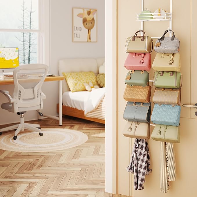 HapiRm Over The Door Purse Organizer - Wall Mounted Purse Rack with 16 Hooks and Metal Basket, Hanging Handbag Organizer Holds up to 16 Bags, Bag Rack Can Use As 1/2 Part, for Door, Closet (White)