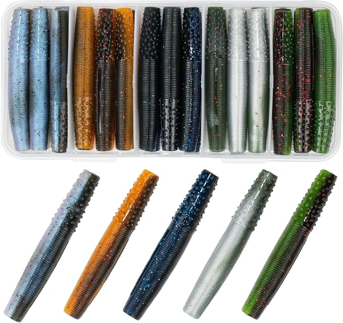 Soft Plastic Worm Fishing Lures Kit, Finesse TRD Stick Worms and Ned Rig Baits with Jig Heads for Bass Fishing, Freshwater Bass Soft Baits