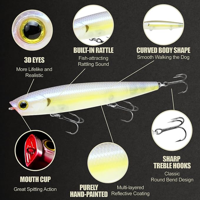 LUCKY CRAFT Gunfish 95 3 Hook Freshwater Fishing Lures and Bait for Bass Fish, Topwater Fish Line, Surface Bait with Treble Hooks, Fishing Gear for Tackle Box
