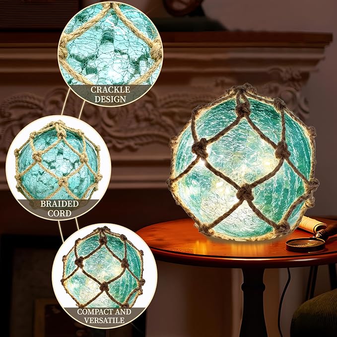 5.91" Green Glass Fishing Float Night Light,Cracked Glass Ball, Battery Powered Nautical Coastal Decor Beach Bathroom Decor (Green)