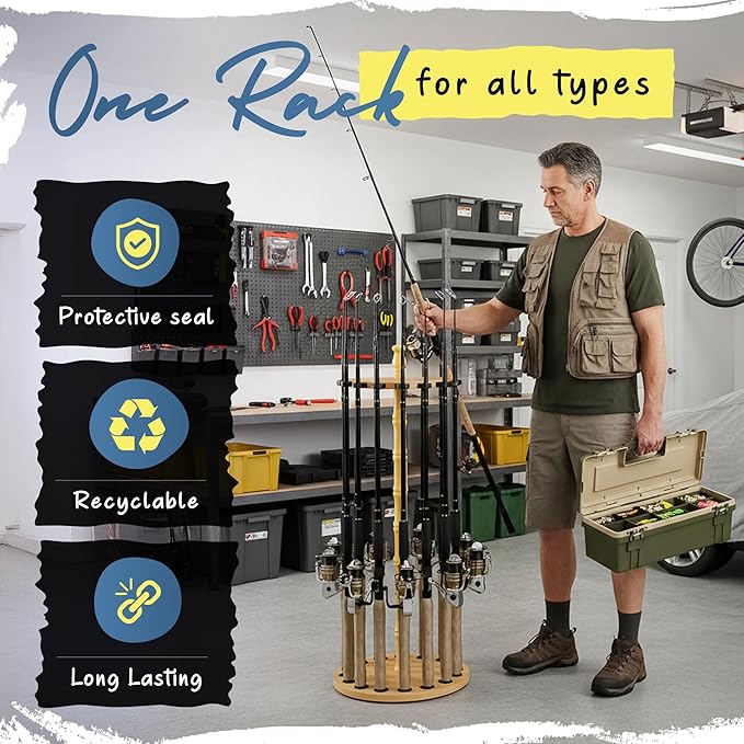 Rush Creek Creations Round 16 Fishing Rod Storage Rack - Features Traditional Handcrafted Wood Post - No Tool Assembly, Wood Grain Laminate